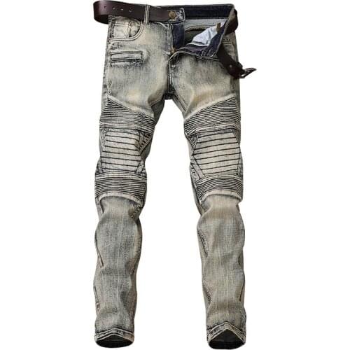 New mens male trousers trend nostalgic motorcycle jeans slim crimped embroidery thread micro-elastic denim pants straight 1807