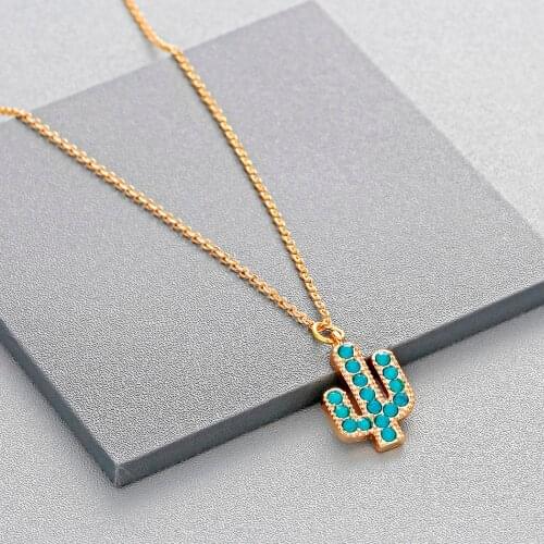 Chandler Gold Color Cactus Necklace With Blue CZ Crystal Cacti Tree 40cm Chain Chokers Summer Plant Fashion Jewelry Findings