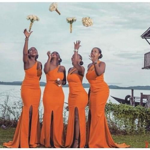 Sexy Long Satin Mermaid One Shoulder Orange Bridesmaid Dresses Custom Made Zipper African Style Formal Wedding Party Dresses