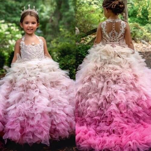 Colorful Ruffles Flower Girls Dresses Jewel Neck Lace Appliques Bead Tier Tulle Skirt Child Pageant Dress