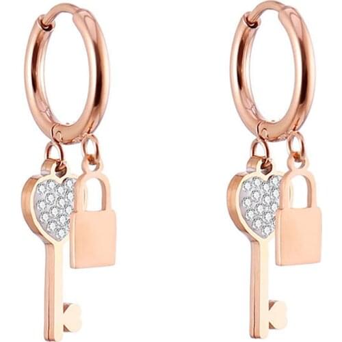Luxury Stainless Steel Key With Lock Earrings Rose Gold Crystal Heart Tassel Ear Clip Hoop Korean Jewelry Friendship Best Gift