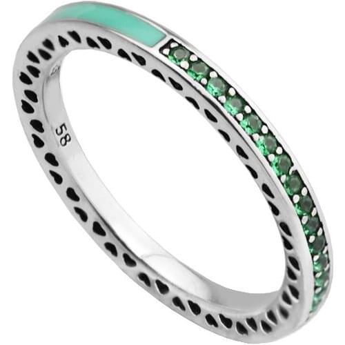 Radiant Hearts Rings with Bright Mint Enamel & Royal Green CZ 100% 925 Sterling-Silver-Jewelry Free Shipping