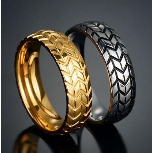 Stainless Steel Motorcycle Tire Rings for Men Gold Silver Color Hip Hop Punk Biker Ring Geometric Striped Wedding Band Ring