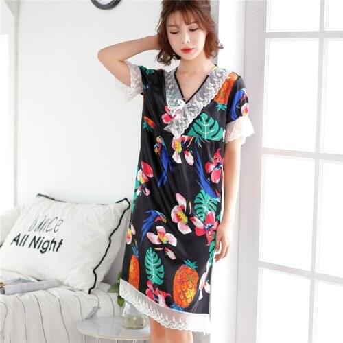 Spring and Summer Womens Nightdress Short-sleeved Breathable Loose V-neck Home Service Sleep Tops Night Gown Sleepwear Women