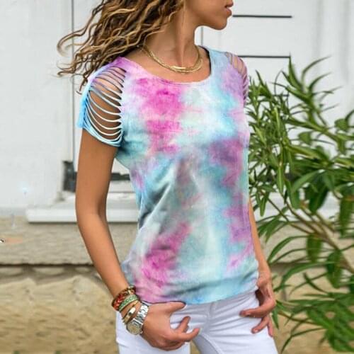 Women 2021 Summer Dye Print O-neck Short Sleeve T-shirt Off Shoulder Ladies Tops Loose Casual Tee Shirts Large Sizes Femme