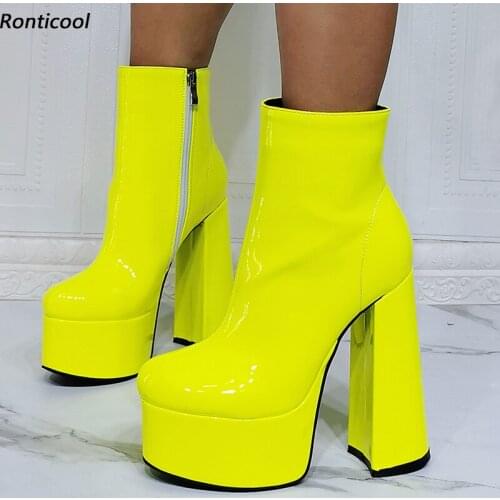 Ronticool Handmade Women Platform Glossy Ankle Boots Unisex Chunky Heels Round Toe Gorgeous Yellow Pink Party Shoes Size 35-47