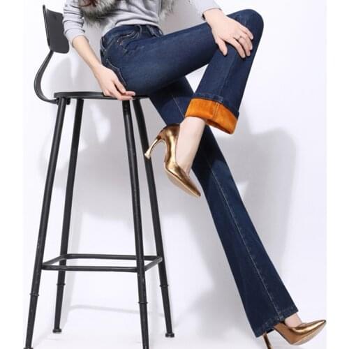 Jeans Woman Plus Size 2021 Winter Plus Velvet Thicken Flare Jeans High Waist Elastic Slim Warm Denim Trousers Women A48