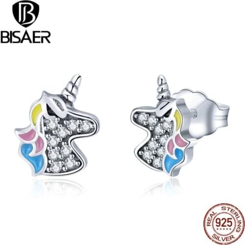 BISAER 925 Sterling Silver Licorne Unicorn Enamel Crystal Stud Earrings for Women Animal Fashion Earrings Jewelry Brincos ECE426