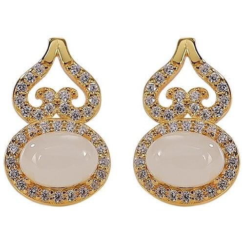 S925 sterling silver gold-plated natural Hetian jade ear studs personalized gourd Fu Lu elegant womens earrings