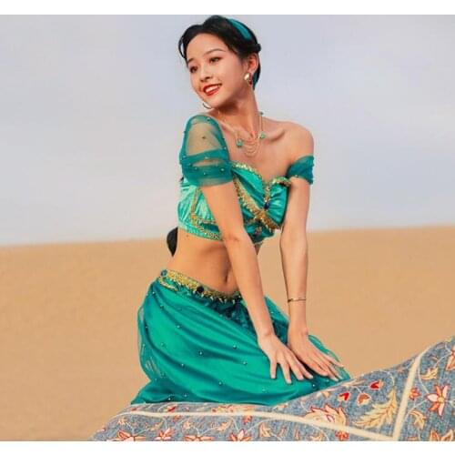 New Arrival Women Belly Dance Costumes Professional Halloween Costume Set Adult Sexy Cosplay Princess Jasmine Suit Dresses
