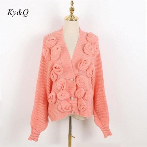 Runway 2021 Autumn Winter New Three-Dimensional Rose Knitted Cardigan Coat Long Sleeve V-Neck Shawl Loose Mohair Women Sweater