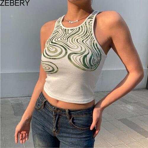 ZEBERY Green Wave Print Y2K Tank Top Women Spring Summer Fashion Holiday Clothes Sleeveless Slim Sexy Crop Tops Harajuku