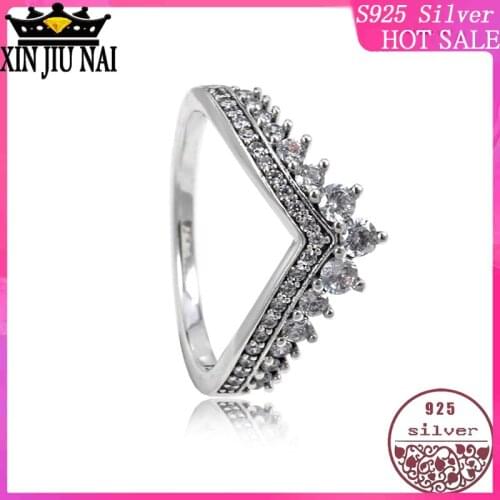 100% 925 Sterling Silver 2019 Inlaid Crystal V Shape Rings Fits for Women Fine Brand Princess crown diamond rings for women