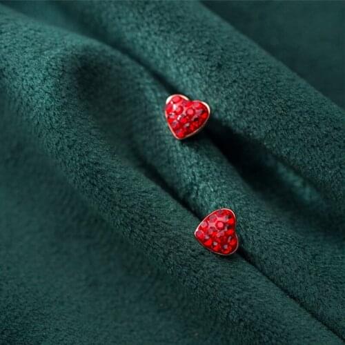 100% 925 Ear Jewelry Sweet Heart Small Stud Earring For Women Girl Red Zirconia Charm Ear Jewelry 7mmX6mm