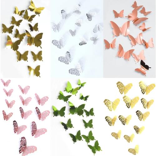 12Pcs 3D Hollow Rose Gold Golden Silver Butterflies Wall Stickers For Birthday Wedding Party DIY Art Home Decoration Sticker New