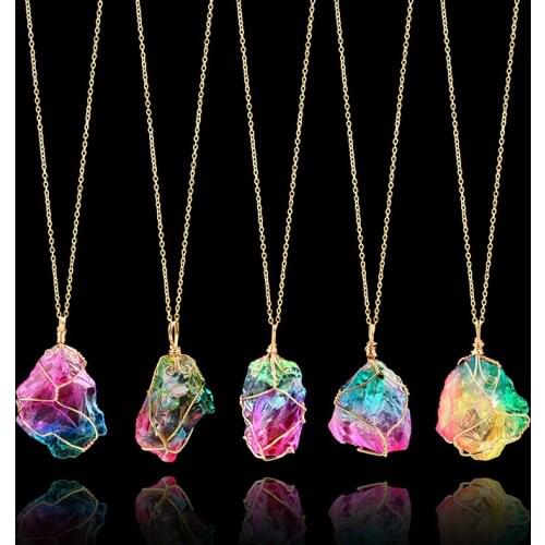2019 1 PC New Rainbow Stone Natural Crystal Chakra Rock Necklace Golden Plated Quartz Pendant Nice Gift For Lover Friends