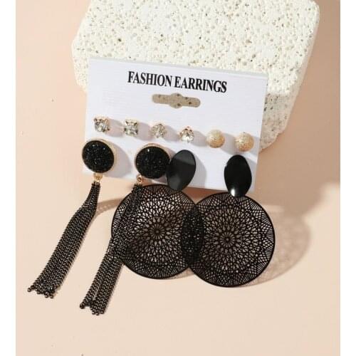 5 Pairs/set European Exaggerated Black Circle Pendant Earrings Trendy Temperament Fashionable Long Tassel Earrings Set