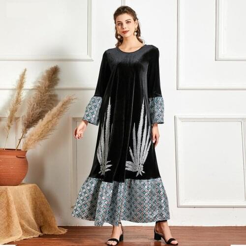 Abaya Kimono Middle Eastern Dignified Fashion Plant Embroidered Muslim Big Velvet Dress With Belt Jeleba For Muslim Woman