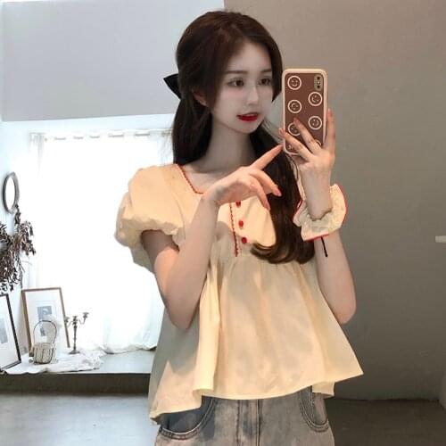 Blouse Square Collar Pleated Puff Sleeve Short-sleeved Shirt Female Design Sense Niche Summer New Loose Short Top