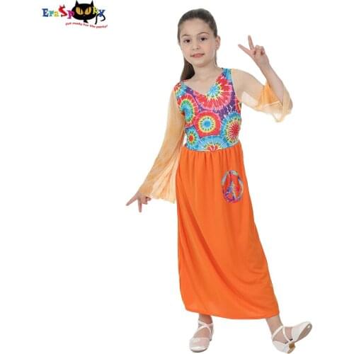 Eraspooky Retro Peace and Love Hippies Dress Girls Halloween Costume For Kids Floral Hippie Cosplay Christmas Fancy Dress