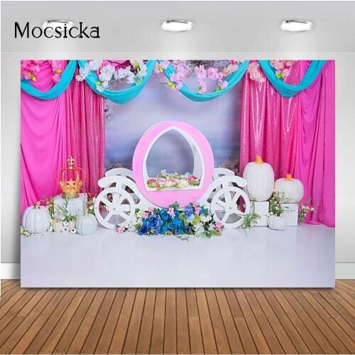 Princess Backdrop 1st Birthday Girls Crown Photo Background Cake Smash Newborn Kids Children Background White Pumpkins Carriage