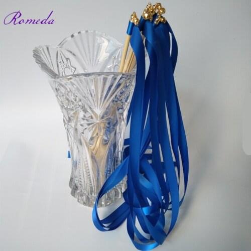 Hot selling 50pcs/lot royal stain ribbon wedding stick wands With golden Bells for wedding decoration