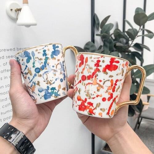 New Creative Hand Painted Big Mugs With Gold Handle Geometry Pattern Ceramic Coffee Tea Milk Cups Irregular Shape Home Decor