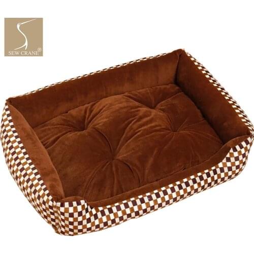 SewCrane Ped Bed Brown Checkered Dog Bed Fleece Puppy Nest Plaid Cat Sleeping Basket