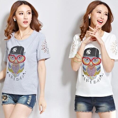 Summer owl printing fashion round neck top hollow cotton women short-sleeved T-shirt womens large size loose thin casual shirt