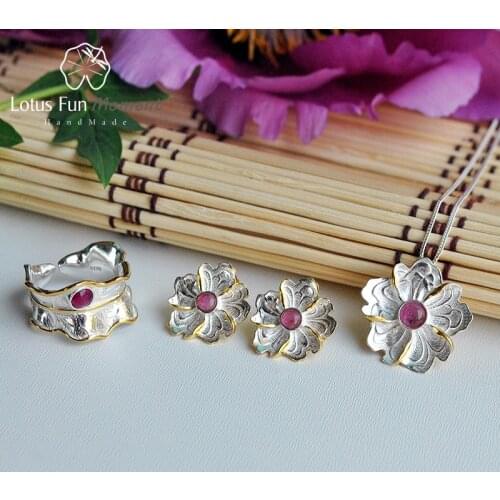 Lotus Fun Moment Real 925 Sterling Silver Natural Red Stone Original Handmade Fashion Peony Flower Jewelry Set for Women Gift