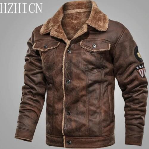 Men Old Fashioned Suede Leather Jackets Vintage Military Jacket Winter Coat Warm Casual Leather Jackets PU Slim Fit Male Zipper