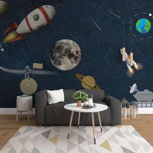 Custom Photo Wall Paper 3D Hand Painted Cartoon Space Universe Planet Rocket Children Room Boys Bedroom Wall Decoration Mural