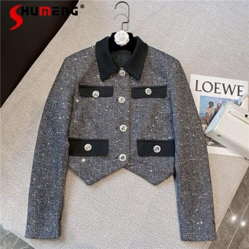 2021 Autumn New Style French Gray Contrast Color Polo Collar Irregular Short Sequined Woolen Long Sleeves Coat Womens Top