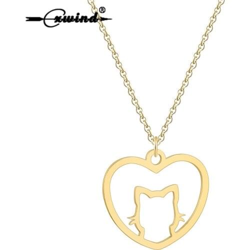 Cxwind New Hollow Pet Cat Head Design Necklaces Animal Kitten Cat Love Heart Pendant Necklace for Girl Women Jewelry Wholesale