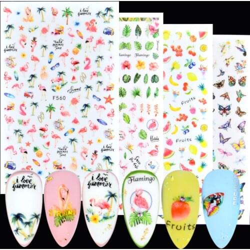 WUF Nail 3D Fruit/Flamingo/Butterfly Series Transfer Lovely Decals Self Adehesive Strawberry Summer Theme Nail Art Accessories