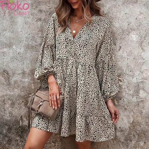 Flokocloset Autumn Leopard Print Long Sleeve Mini Dress Casual V-Neck Button Lantern Sleeve A-LINE vintage Party Dresses