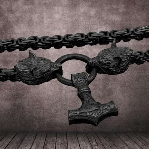 Black Punk Viking-Odin Thunder-Hammer Pendant Celtic Wolf Head Norse-Rune-Amulet Necklace Vikings Jewelry