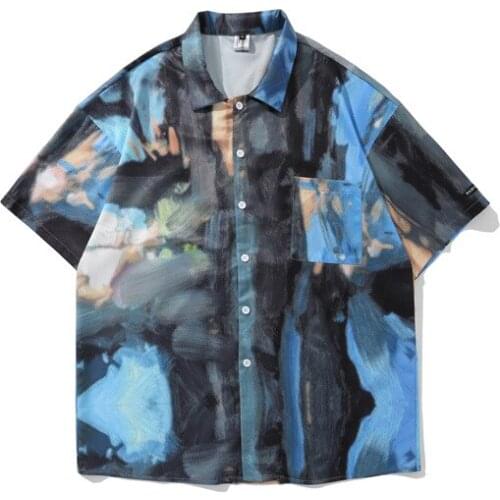 Hip Hop Oil Painting Printed Short Sleeve Shirt With Pocket Men Oversized Vintage Clothes For Teens Hawaiian Dress Camicia Uomo