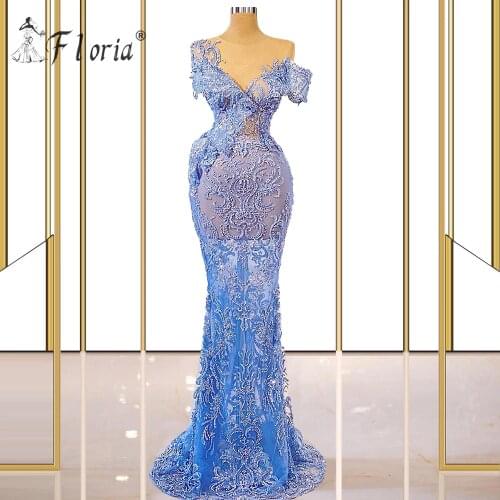 Light Blue Sexy Long Mermaid Evening Dresses 2021 Prom Party Gowns Dubai Arabic Sheer Neck Lace Sweep Train African Party Dress