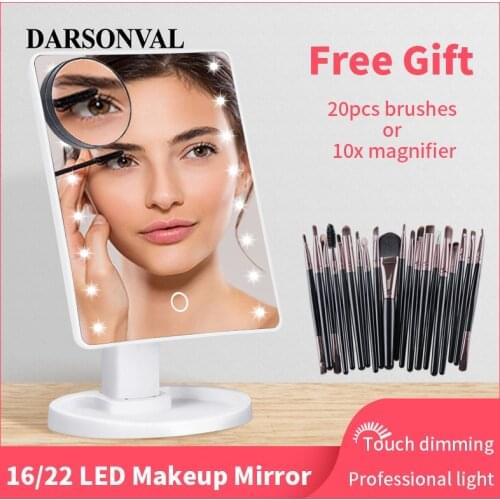 LED Makeup Mirror Illuminated Cosmetic Table Mirror With Light for Make Up Adjustable Light 16/22 Touch Screen Eyelash Brush