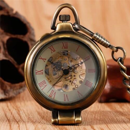 Vintage Bronze Men Women Skeleton Handwind Mechanical Pocket Watch Half Hunter Pendant Chain Roman Number FOB Clock Gift reloj