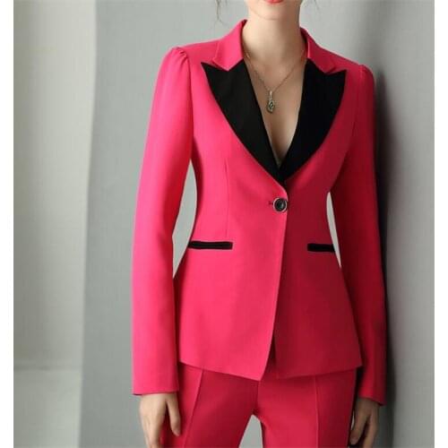 Fuchsia Peak Lapel Women Pantsuits Work Pant Suits OL 2 Piece Sets Women Blazer(Jacket+Pant Suit)For Women Set Party