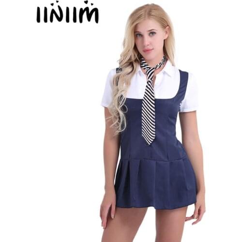 2Pcs Women Adult Schoolgirl Student Costume Uniform Night Club Cosplay Party Dresses Short Sleeve Fancy Shirt Dress with Necktie