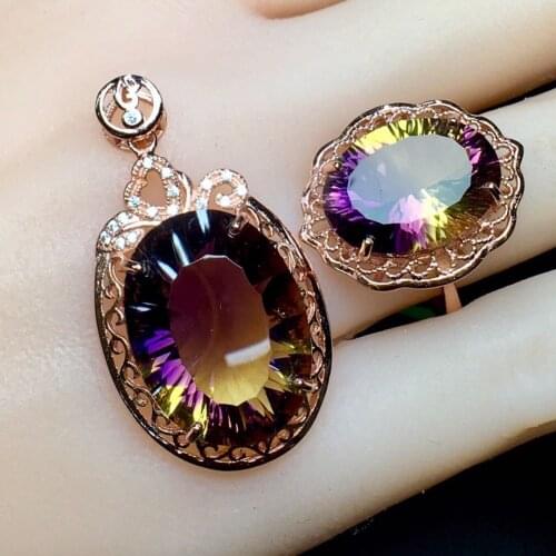 Boutique jewels 925 pure silver inlaid natural amethyst female ring + Pendant + Necklace suit support detection
