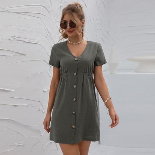 European Vintage Clothes Outfits for Women Summer V-neck Short Sleeve Sexy Casual Womens Dresses High Waist Buttons Dress Woman