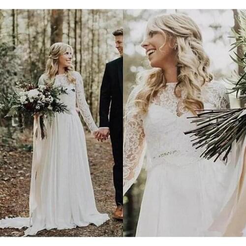 Vintage Boho Wedding Dresses 2020 Vestidos De Novia Country Style Lace Chiffon Long Sleeve Bridal Wedding Gowns Custom Made