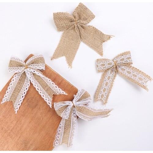 1 Pcs Natural Jute Burlap Hessian with Lace Bow Ties for Christmas New Year Gift Box Decoration Valentines Day Gift Wrapping
