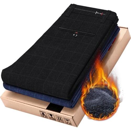 2020 Winter New Mens Warm Casual Pants Fashion Brushed Fabric Thick Fleece Brand Slim Office Pants Male Navy Black 38