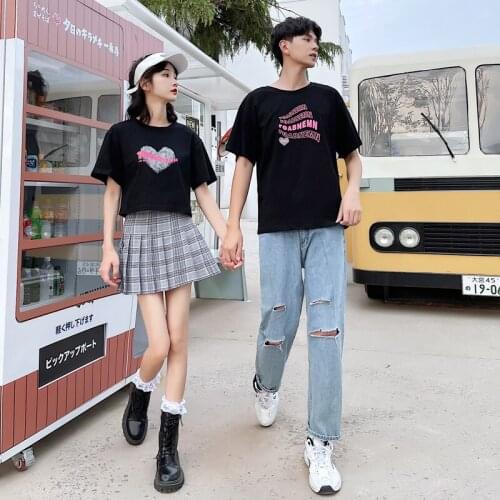 【 2058#】Not the same couple dressed summer short sleeve T-shirt women Instagram web celebrity couples clothes couples clothing