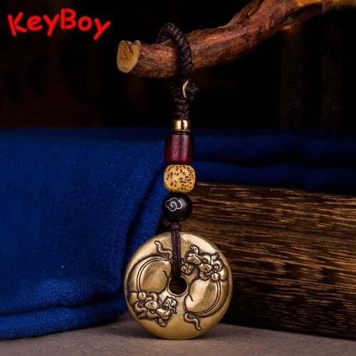 Chinese Feng Shui Bull Round Tag Brass Car Key Ring Pendant Luxury Brand Men Women Handmade DIY Lanyard Keychain Hanging Jewelry